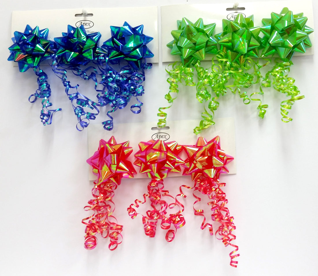 3.5" Metallic Bows with Curls Ribbons, 3 pk , Asst Colors, Case Pack of 60 , Ideal for Bulk Buyers