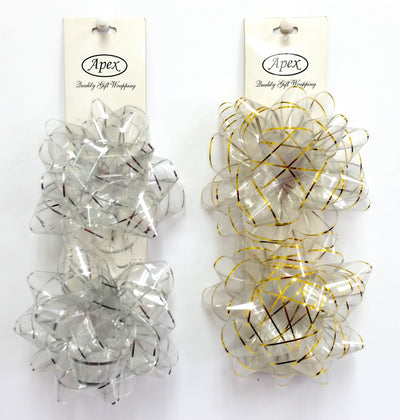 4" Designer rimmed Transparent Bows, 2pk, Asst Colors, Case Pack of 60 , Ideal for Bulk Buyers