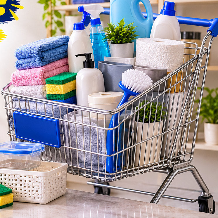 Cases of towels, sponges and cleaning basics